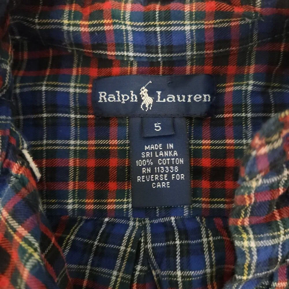Ralph Lauren Plaid Button Down Shirt Blue Cotton Long‎ Sleeve Boys Size 5 EUC